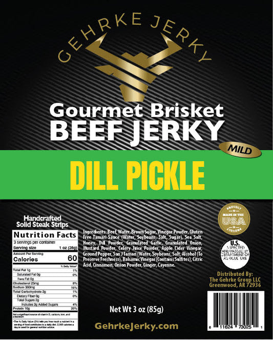 DILL PICKLE FLAVOR - Premium Gourmet 100% Beef Brisket Gehrke jerky - One (1) 3 oz. Bag