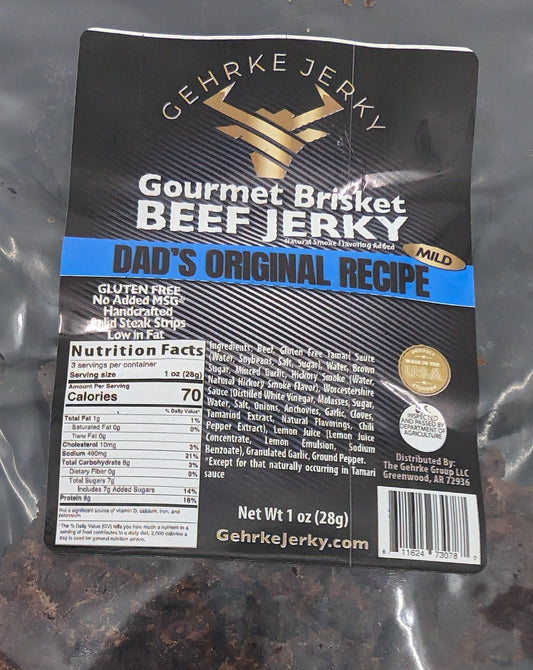 DAD'S HOMEMADE STYLE RECIPE 1 oz. BAG PREMIUM 100% BEEF BRISKET GEHRKE JERKY Our