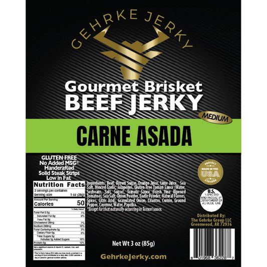 Premium Gourmet 100% Beef Brisket Gehrke Jerky Carne Asada (w/Cilantro) Brisket Beef jerky - One (1) 3 oz. Bag