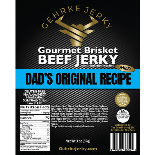 DAD'S ORIGINAL RECIPE 3 oz. BAG PREMIUM 100% BEEF BRISKET GEHRKE JERKY Our # 1 Best Seller